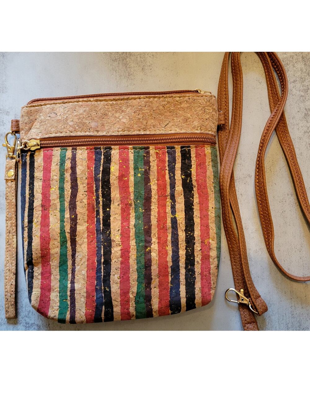 Striped Print Vertical Cork Crossbody Bag – Wristlet & Crossbody Strap